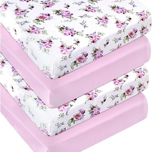 Girls 4 Pack Fitted Crib Sheets - Standard Size & Toddler Mattresses, Soft & Breathable Pink Floral