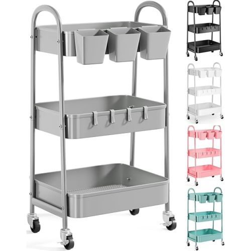 3 Tier Gray Metal Mesh Rolling Cart, Storage Cart with Handle and Lockable Wheels, Multifunctional Three Tier Utility Organizer Cart for Kitchen, Office, Bathroom, Crafts, Snacks, and Baby Supplies