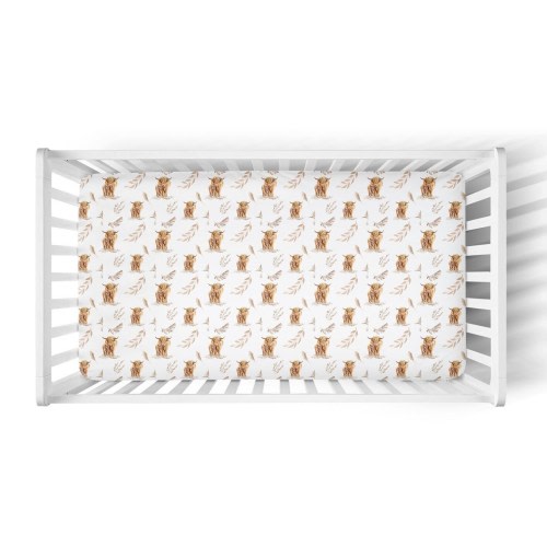 Baby Highland Cow Crib Sheet for Baby Boy Farm Nursery- Custom Boho Baby Bedding - Custom Neutral Crib Sheet - Baby Boy Shower Gift -PS311