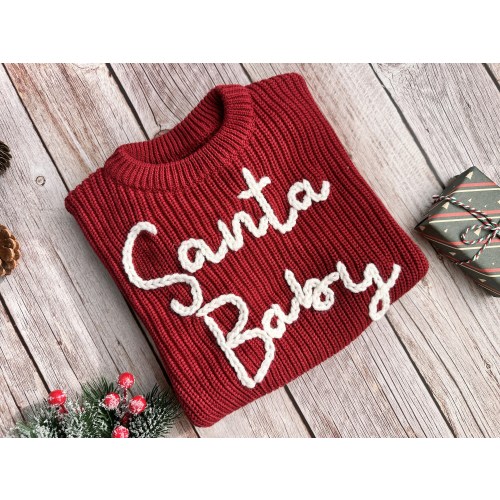 Hand Embroidered Christmas Santa Baby Sweater, Hand Embroidered Baby Name Sweater, Newborn Shower Gift,Baby First Birthday Gift,