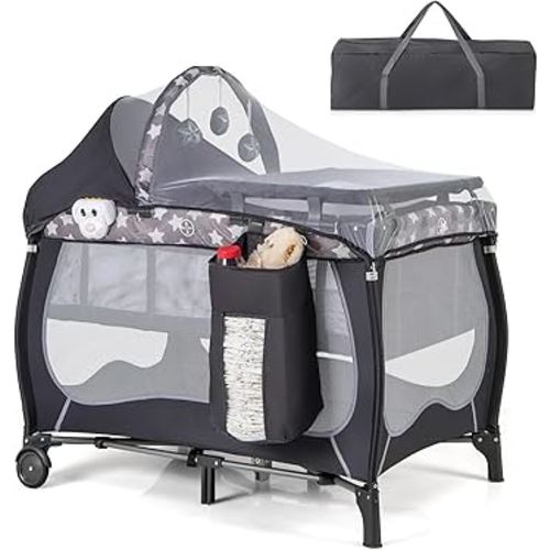 HONEY JOY Pack and Play, 4 in 1 Portable Baby Playard with Bassinet, Changing Table, Lockable Wheels, Music Box, Foldable Travel Baby Crib Nursery Center from Newborn to Toddler(Gray)