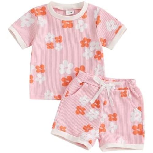 Toddler Baby Girl Outfits Floral Summer Clothes Infant Spring Waffle Short Sleeve Shirt Tops Cute Shorts Set