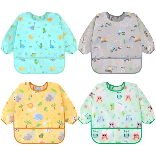 Accmor 4 Pack Long Sleeve Bibs, Baby Smock Waterproof Sleeved Bib Smock for Baby Toddler 6-36 Months