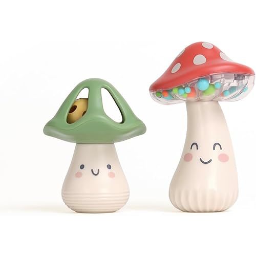 Itzy Ritzy Mini Maracas Musical Rattle Toy – Sensory Baby Toy with Rattle Beads & Jingle Ball for Motor Skills & Auditory Development – for Ages 0 Months and Up (Mushroom)
