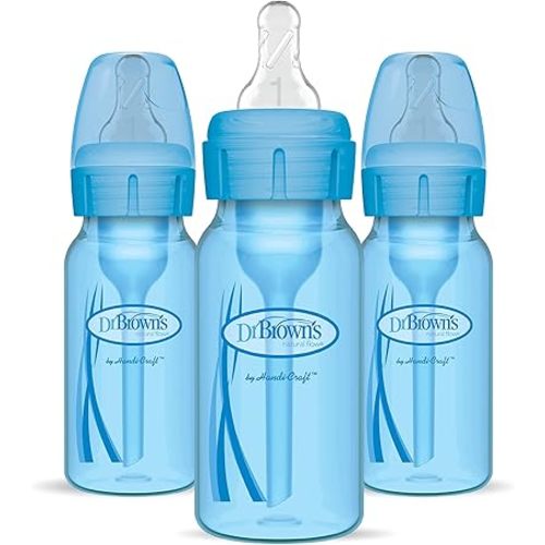 Dr. Brown’s Natural Flow® Anti-Colic Options+™ Narrow Baby Bottles 4 oz/120 mL, with Level 1 Slow Flow Nipple, 3 Pack, 0m+ Blue