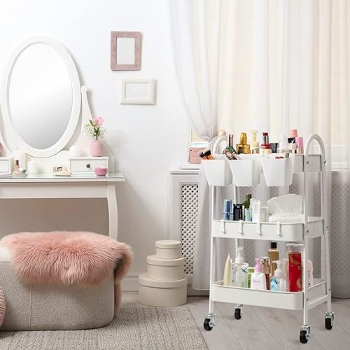 danpinera 3-Tier Rolling Cart, Metal Rolling Storage Cart with Lockable Wheels & Hanging Cups & Hooks, Mobile Trolley Cart for Kitchen, Bathroom, Office, Workshop, White