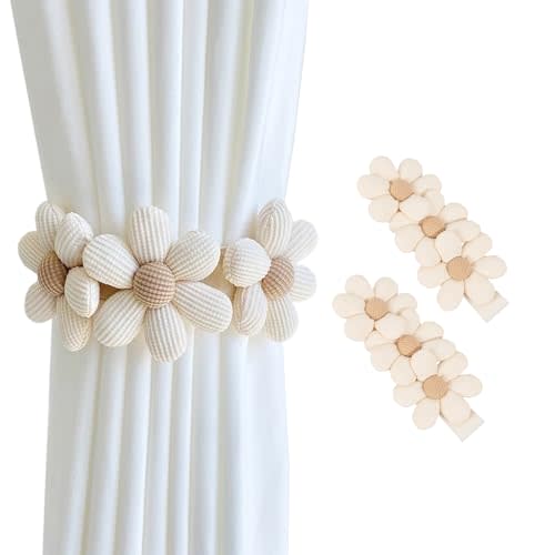 SRG Sunflower Curtain Tiebacks-2 Pack | Daisy Curtain Holdbacks Three Flower | Curtain Tiebacks Boho | Japanese Curtain Ties | Cute Flower Curtain Ties Decorative for Bedroom Window Treatment （Cream）