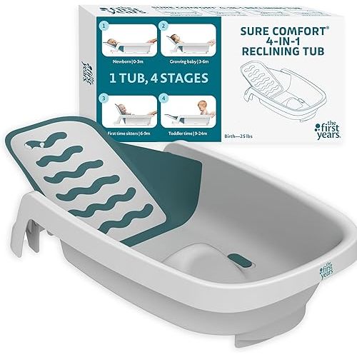 The First Years Sure Comfort 4-in-1 Reclining Baby Bathtub - Adjustable All-in-1 Bathtub for Newborn to Toddler - Baby Bath Seat Adjusts as Baby Grows - Ages 0 to 24 Months