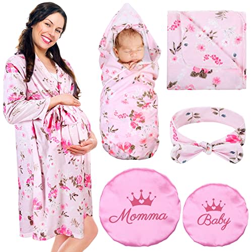 Mepase 5 Pcs Mommy and Me Robe Swaddle Headband Cap Set Including Maternity Robe Baby Blanket Headband Hat for Mom and Baby