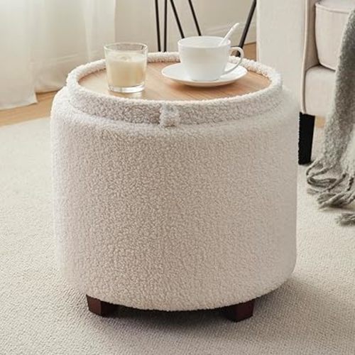 Ornavo Home Lawrence Round Boucle Storage Ottoman with Lift Off Lid and Tray Lid Coffee Table, Ottoman with Storage for Living Room, Bedroom and Office, Boucle White