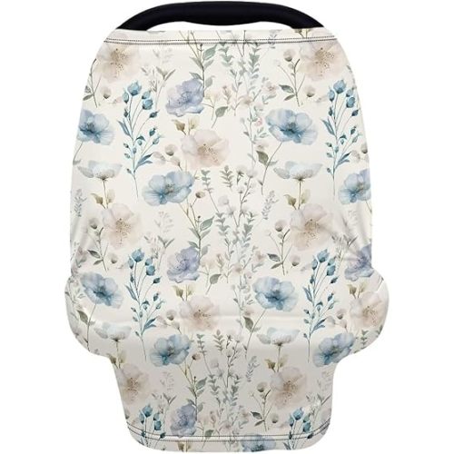 Biyejit Blue Floral Print Car Seat Cover for Babies, Mom Nursing Covers Breastfeeding Scarf, Multi Use Infant Carseat Canopy for Newborn Carrier/Stroller/Shopping Cart, Baby Shower Gifts for Boy Girl