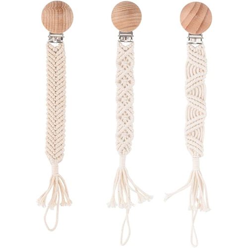 Symbolife Pacifier Clip for Boys Girls Boho Handmade Braided Baby Pacifier Holder Leash Wooden Clips Cotton Unisex Baby Shower Birthday Gift Christmas Gift (Pattern 2)