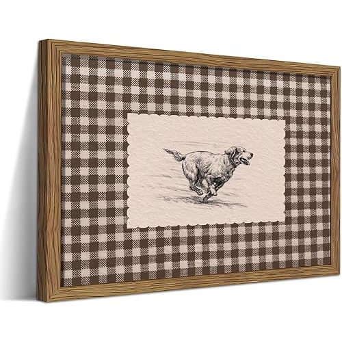 Vintage Dog Wall Art, Funny Running Golden Artwork 8x10 Inch Wood Framed