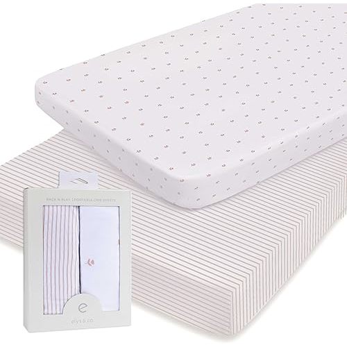 Ely’s & Co. Pack and Play Sheets, for Mini/Portable Crib, 2 Pack Fitted Playpen Play Yard Sheet Set Compatible with Graco Pack n Play, for Baby Girls, 100% Cotton, Pink Tulips and Stripes, 38”x24”x5”