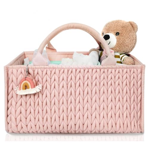 MOMINSIDE Diaper Caddy Organizer, Baby Basket Nursery Storage, Caddy Organizer for Portable Changing Table Dresser Car, Baby Registry Baby Shower Gifts for Girl Boy(Pale Pink)