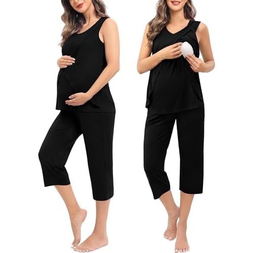 SWOMOG Women Maternity Pajama Set Nursing Pjs Double Layer Sleeveless Top Capri Pregnancy Set Breastfeeding Pjs with Pockets