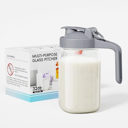 Breast Milk Pitcher, Mason Jar 32 oz, Heavy Duty Wide Mouth Jar with Flip Cap Lid and Pour Spout - Airtight Seal for Freshness and Convenience - Great for Cold Beverages, and Home Entertaining