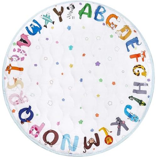 Round Baby Play Mat 40 x 40, Thicker Baby Crawling Mat, Non-Slip Baby Playmat for Floor, Foldable and Machine Washable Baby Floor Mat, Animal Alphabets