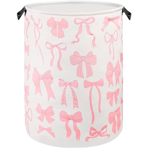 Pink Laundry Basket Bow Decor for Girls Room Cute Teens Nursery Hamper Kids Bin for Dorm Bathroom Bedroom, 17.71"x13.77"