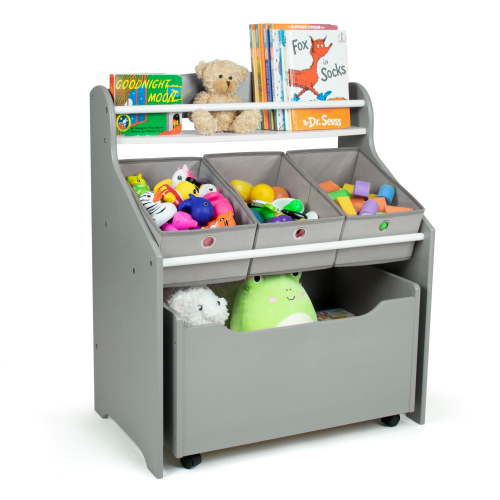 Humble Crew Camden 3-in-1 Toddler-Size Storage Organizer with Rolling Toy Box, Fabric Bins, Grey