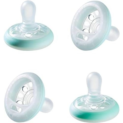 Tommee Tippee Breast Like Night Pacifier, 0-6, Pack of 4 Pacifiers Months with Breast-Like Shape and Glow in The Dark Technology