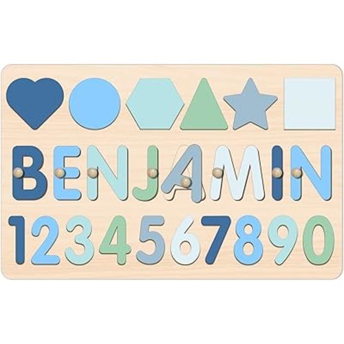 Personalized Name Puzzle with Numbers and Shapes, Custom Wooden Puzzles for Toddlers 1-3, Montessori Toys for 1st Birthday Girls & Boys, Educational Toys