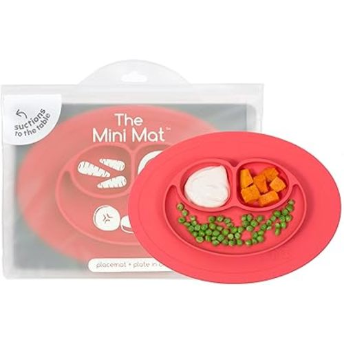 ezpz Mini Mat for 12 Months+ (Coral) - 100% Silicone Placemat + Plate with Suction for Infants + Toddlers - Supports Baby-Led Weaning - for Highchair, Dining Table and Travel
