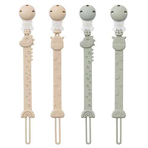 YIVEKO Pacifier Clips for Baby One Piece Silicone Pacifier Holder Clips for Boys Girls Paci Binky Clips 4Pcs Pacifier Clip Animal Design Rainbow-Ivory+Sage