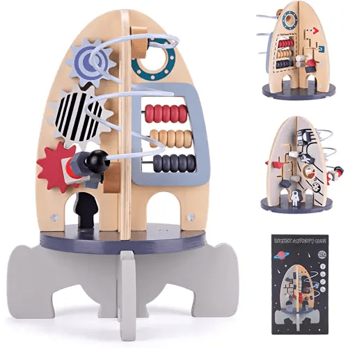 Wdmiya Space Wooden Activity Cube Toys for Baby, Montessori Toys for 1 Year Old Boy & Girl Birthday Gifts, Sensory and Educational 1st Birthday Gifts, Busy Board Toys for Baby Boy 6-18 Months (Rocket)
