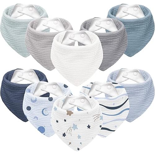 Susurration Muslin Baby Bibs 10Pack Bandana Drool Bibs Soft Adjustable Newborn for Unisex Girls & Boys (Blue Print)