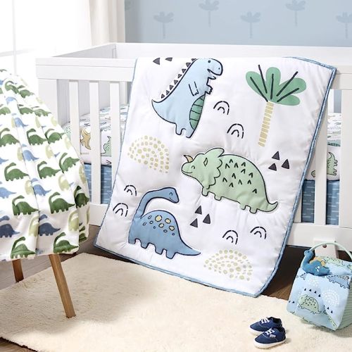 The Peanutshell 5 Piece Baby Crib Bedding Set for Boys - Newborn, Infant & Toddler Nursery Bed Set Decor with Fitted Crib Sheets, Blanket, Dust Ruffle Comforter - Blue Dino