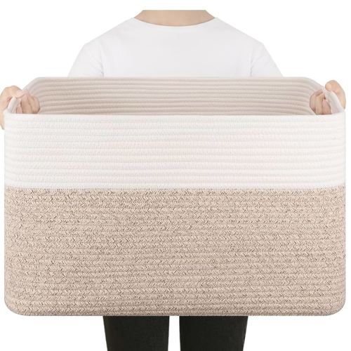 75L Large Blanket Basket, Toy Basket Bin for Kids, Cotton Rope Woven Storage Basket for Living Room, Nursery, Baby Room Decorative Organizer, 22''×17''×12'', Brown and White