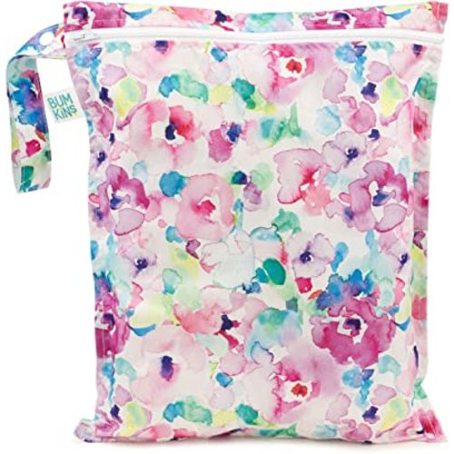 Bumkins Waterproof Wet Bag for Baby, Travel, Swim Suit, Cloth Diapers, Pump Parts, Pool, Gym, Toiletry, Strap to Stroller, Daycare, Zipper Reusable Bag, Wetdry Packing Pouch, Watercolors Floral