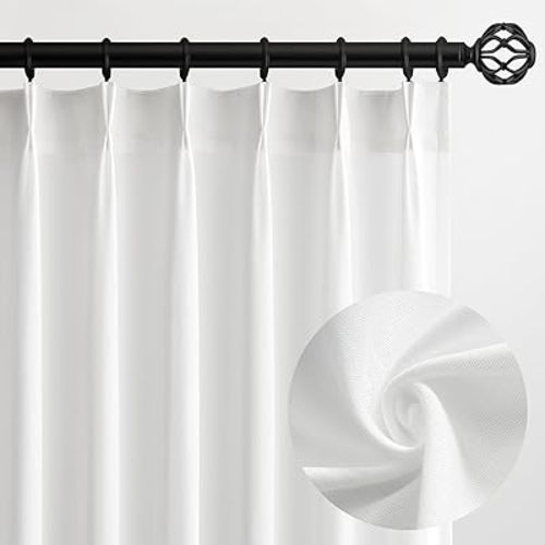 Topfinel White Pinch Pleated Semi Sheer Curtains Textured Linen Blended Light Filtering Window Curtains 94 inch for Living Room Bedroom Pinch Pleat Drapes with Hooks 2 Panels 40" Wx94 L