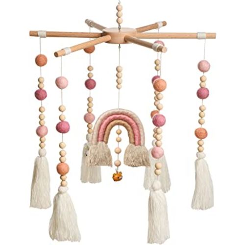 Baby Crib Mobile,Crib Mobile Wooden Mobile with Colorful Cotton Ball Wool Felt Ball Boho Baby Mobile Bassinet Mobile for Crib,Mobile for Baby Nursery and Ceiling Decoration