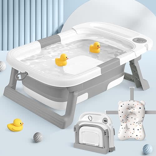 Collapsible Baby Bathtub for Newborn to Toddler, Portable Foldable Baby Bathtub with Soft Cushion and Water Thermometer,No-Slip Hanging Travel Baby Bathtub for Infants 0-36 Months,Gray