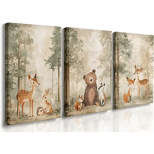 GUBIYU 3-Pack 12"X16" Watercolor Woodland Forest Wild Animals Wall Art - Deer, Fox, Bear - Boho Rustic Nature Themed Nursery Wall Decor