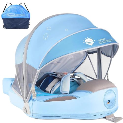 Mambobaby Baby Pool Float with Removable Sun Canopy - Non Inflatable Infant Swim Float with Anti-Flip Tail Design, Waterproof & Skin-Friendly Baby Float for Swimming (3-24 Months)