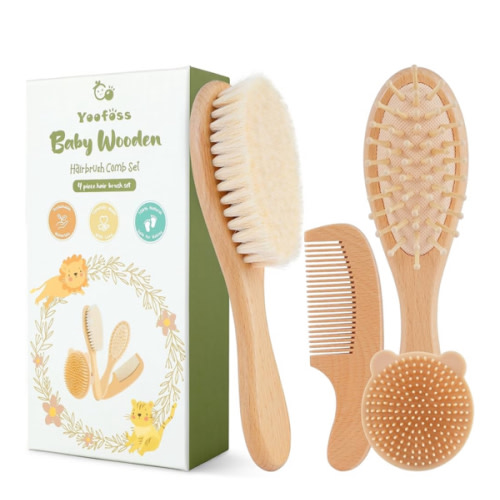 Yoofoss 4 Piece Baby Brush and Comb Set, Wooden Baby Brush with Natural Ultra Soft Goat Hair, Baby Hair Brush for Newborn, Baby Brush Set for Boy Girl