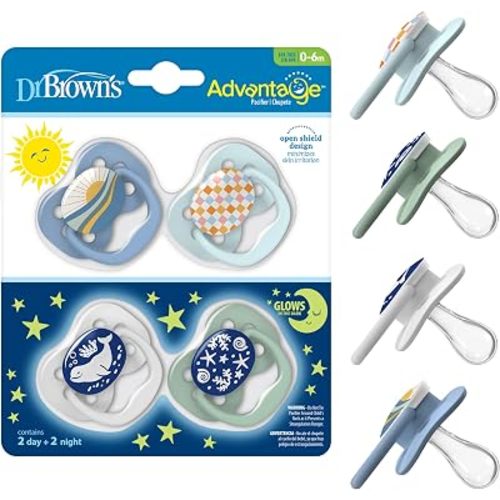 Dr. Brown's Advantage Glow-in-the-Dark Baby Pacifier, Fully Symmetrical Soother with Soft Silicone Bulb, Blue Sunrise-Blue Ocean, 0-6m, BPA Free, 4 Pack