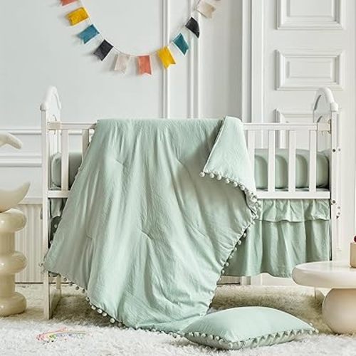 AIKASY The Ball Pom Fringe Crib Bedding Set for Girls, Baby Quilted Soft Comforter with Fitted Sheet, Bed Skirt, and Pillowcase(Ssage Green)