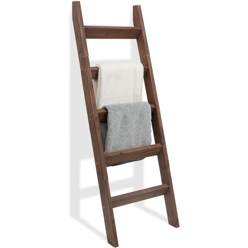 FUIN 5ft (58") Wood Blanket Ladder Living Room Decorative Wall Leaning Farmhouse Quilt Display Holder Storage Rustic Wooden Towel Rack for Bathroom, Brown