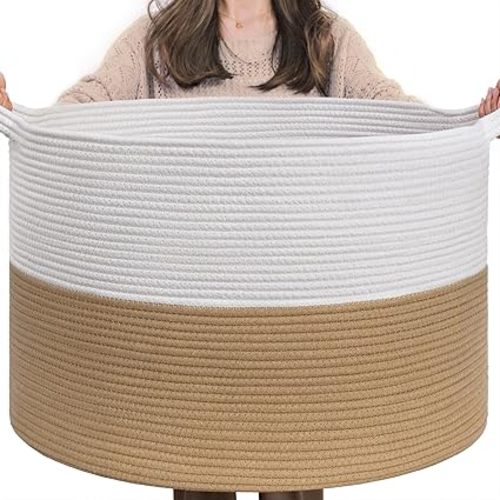 INDRESSME XXXLarge Jute Rope Basket 21.7" x 21.7" x 13.8" Woven Baby Laundry Basket for Blankets Toys Storage Basket with Handle Comforter Cushions Storage Bins Thread Laundry Hamper White & Camel