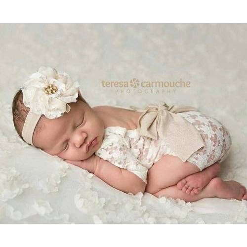 Newborn girl lace romper set, newborn girl cream photo outfit baby girl open back long sleeve  romper props newborn photography prop