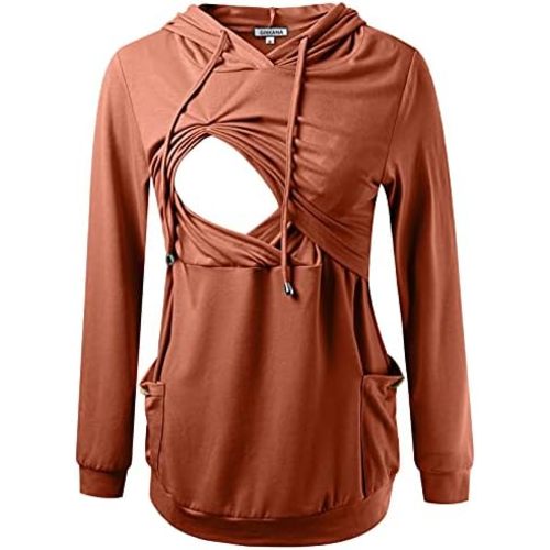 GINKANA Womens Nursing Hoodie Top Sweatshirt Long Sleeve Button Decoration Pockets Shirts Tunic Top