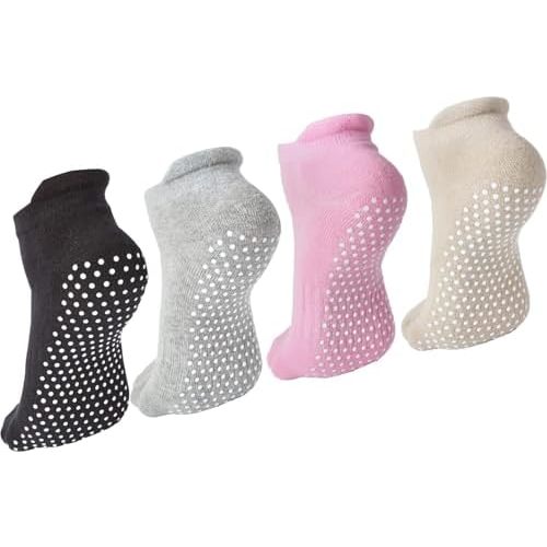 4 Pairs Unisex Non Slip Grip Socks for Yoga Hospital Workout Barre Ballet Anti Skid Socks for Women and Men