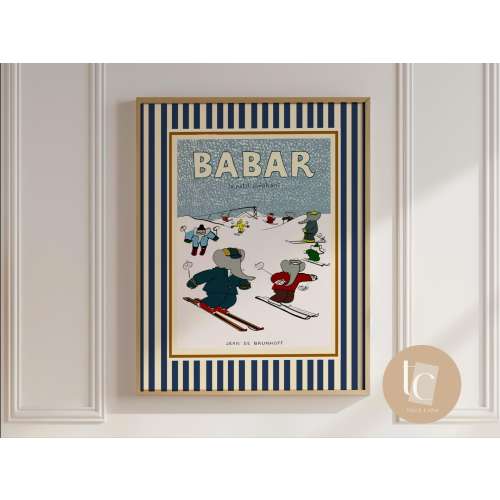 Babar the elephant ski in the snow nursery wall art retro kids decor quote wall art genre neutral baby wall art illustration nursery print