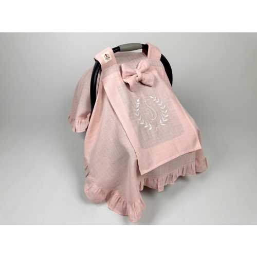 Car Seat Canopy Cover for Baby Girl, Blush Muslin Gauze Ruffle and Peekaboo Mesh Window, Personalized Carseat Cover, Baby Shower Gift