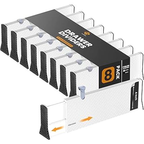 RAPTUROUS Adjustable Drawer Dividers 8 Pack, 4” High, 11-17” Long, Dresser Drawer Divider for Bedroom, Closet, Kitchen, Nursery Organization, Office, Strong & Sturdy Hold, Soft Foam Edges(White)