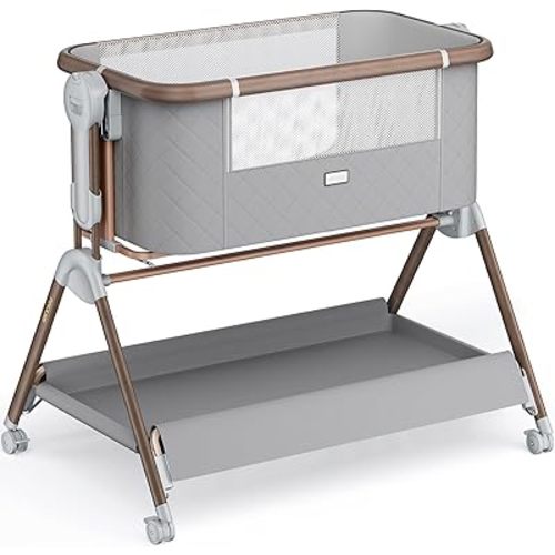 3 in 1 Baby Bassinet Bedside Sleeper with Gentle Rocking Mode,Bedside Bassinet with Lockable Wheels & Mattress,6 Adjustable Heights,Large Storage,Portable Bedside Sleeper for Newborn,Grey